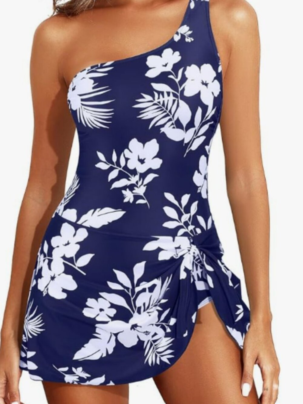 Women One Piece Swim Dress One Shoulder Sarong Tie Skirt Tummy Control - large